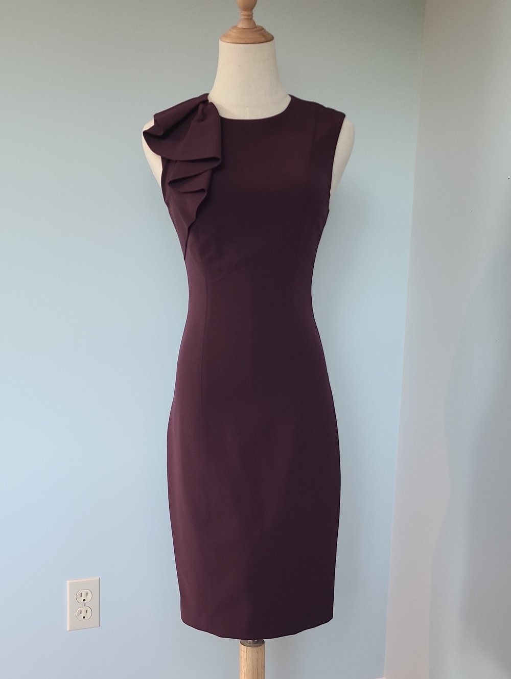 Ted Baker London Sleeveless Midi Sheath Dress in Deep Plum with Shoulder Ruffle